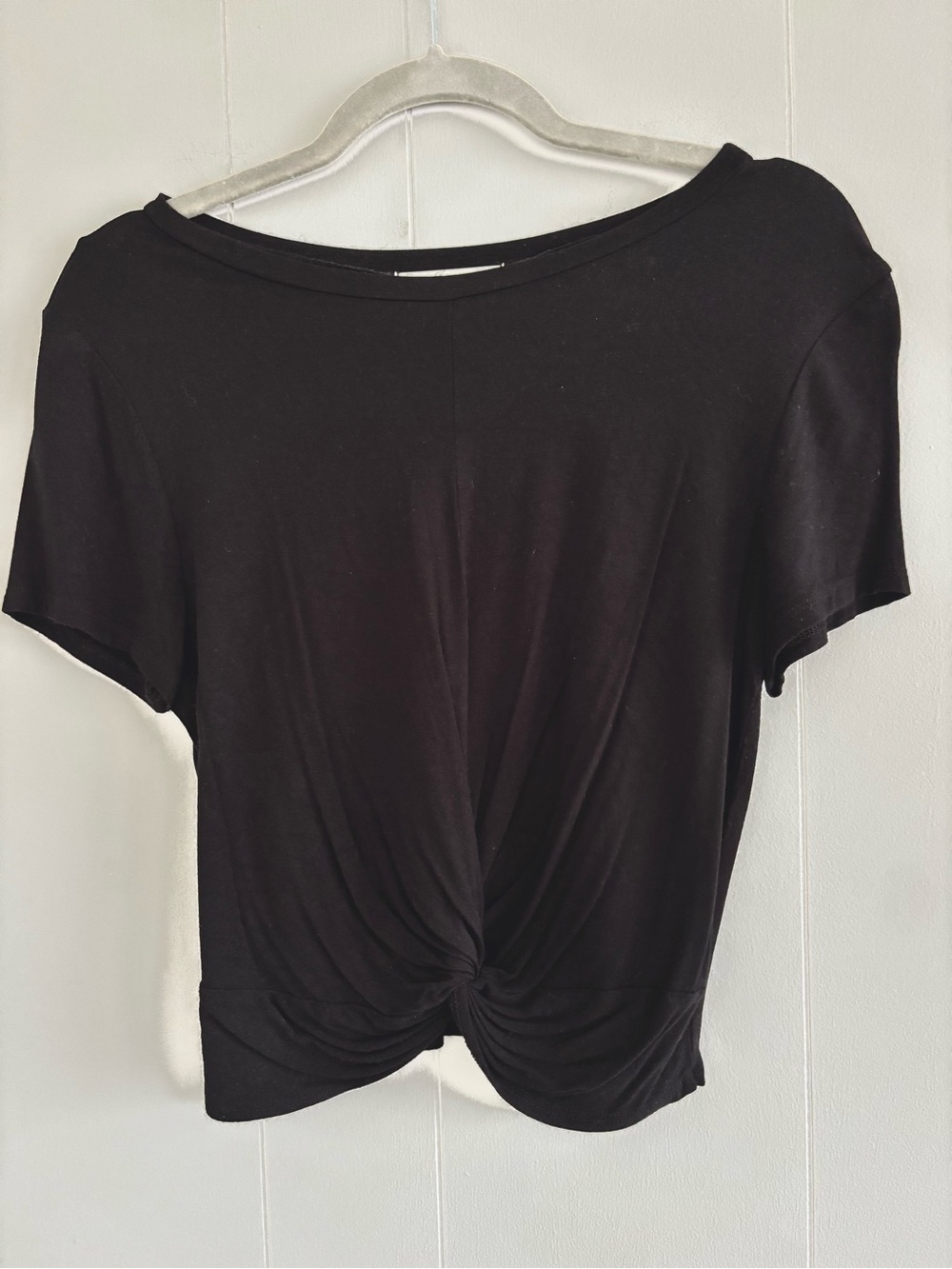 Women’s Black Twist-Front Short Sleeve Tee, Size Small